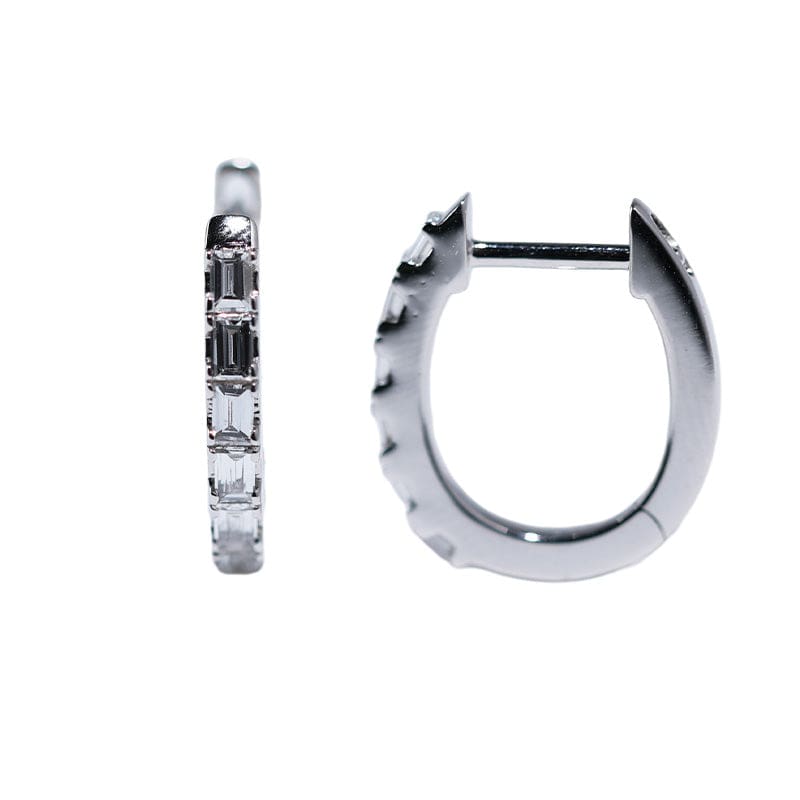 18K White Gold Baguette Cut Lab Diamond Six - stone Huggie Earrings - MMR