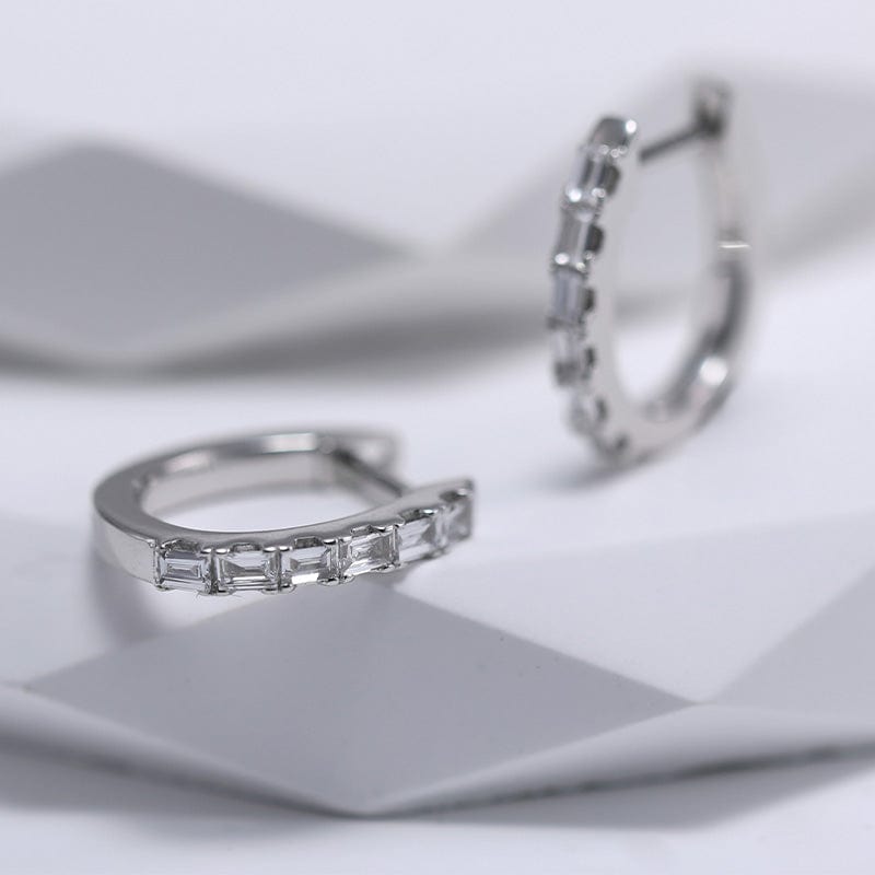 18K White Gold Baguette Cut Lab Diamond Six - stone Huggie Earrings - MMR