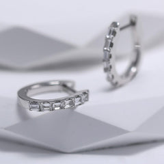 18K White Gold Baguette Cut Lab Diamond Six - stone Huggie Earrings - MMR