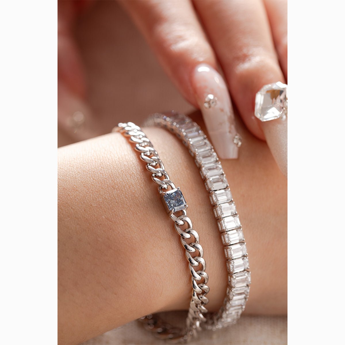 18K White Gold Emerald Cut Lab Diamond Tennis Bracelet, Radiant Diamond Emerald Design - MMR