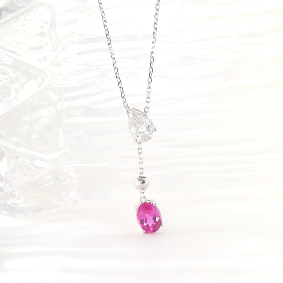 18K White Gold Lab Diamond and Pink Sapphire 3 Stone Pendant Necklace - MMR