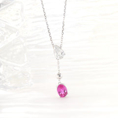 18K White Gold Lab Diamond and Pink Sapphire 3 Stone Pendant Necklace - MMR