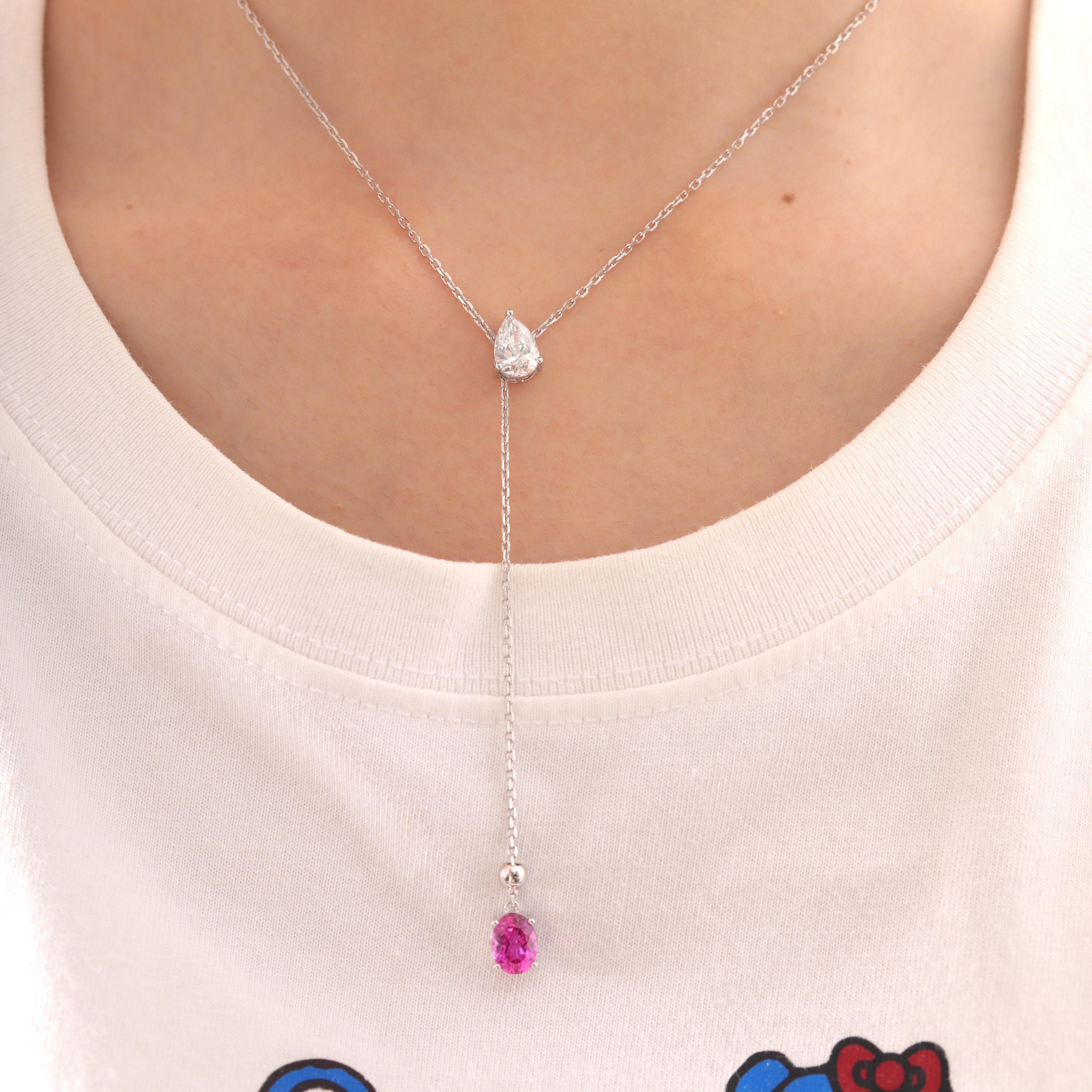 18K White Gold Lab Diamond and Pink Sapphire 3 Stone Pendant Necklace - MMR