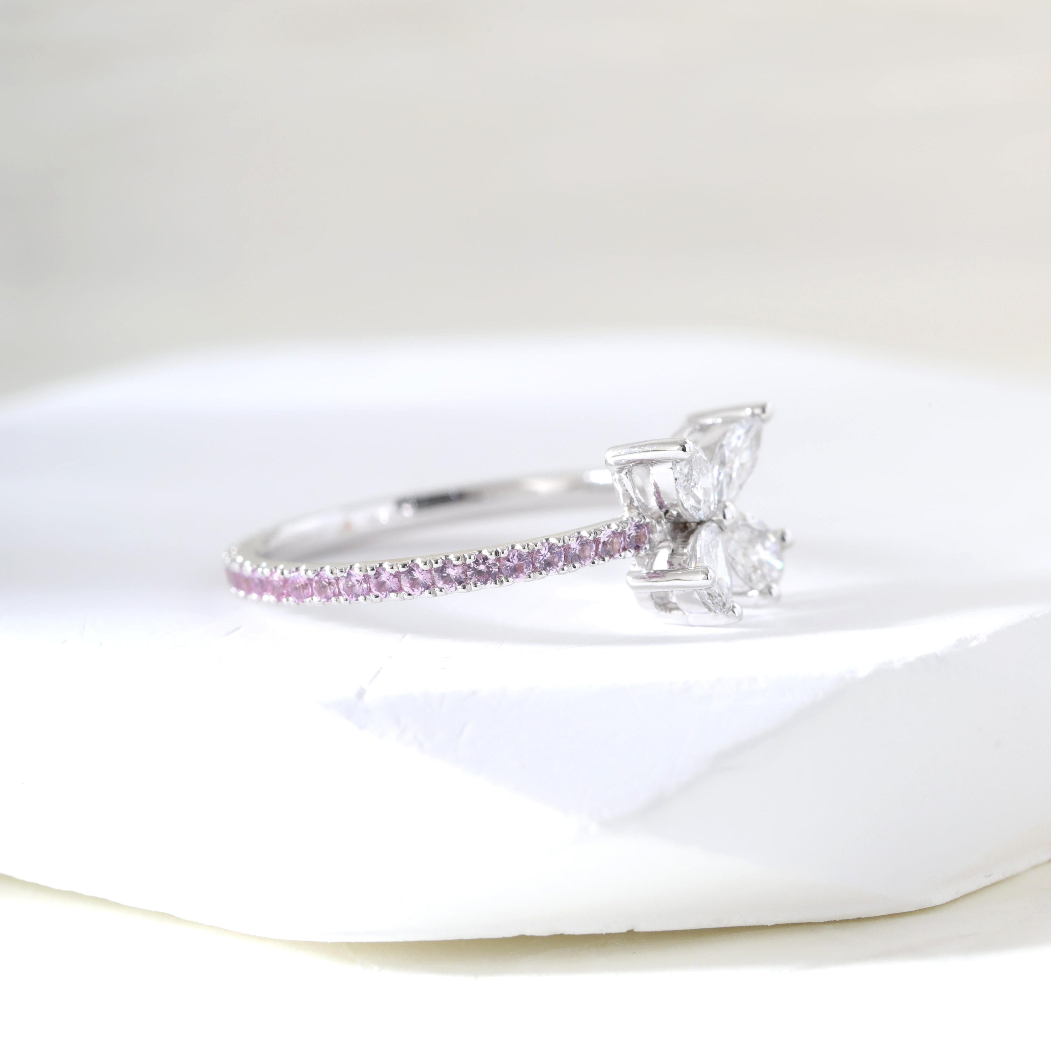 18K White Gold Marquise and Pear Cut Lab Diamond Butterfly Ring with Round Pink Sapphire Pave - MMR