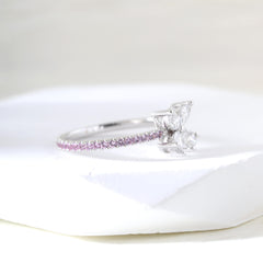 18K White Gold Marquise and Pear Cut Lab Diamond Butterfly Ring with Round Pink Sapphire Pave - MMR
