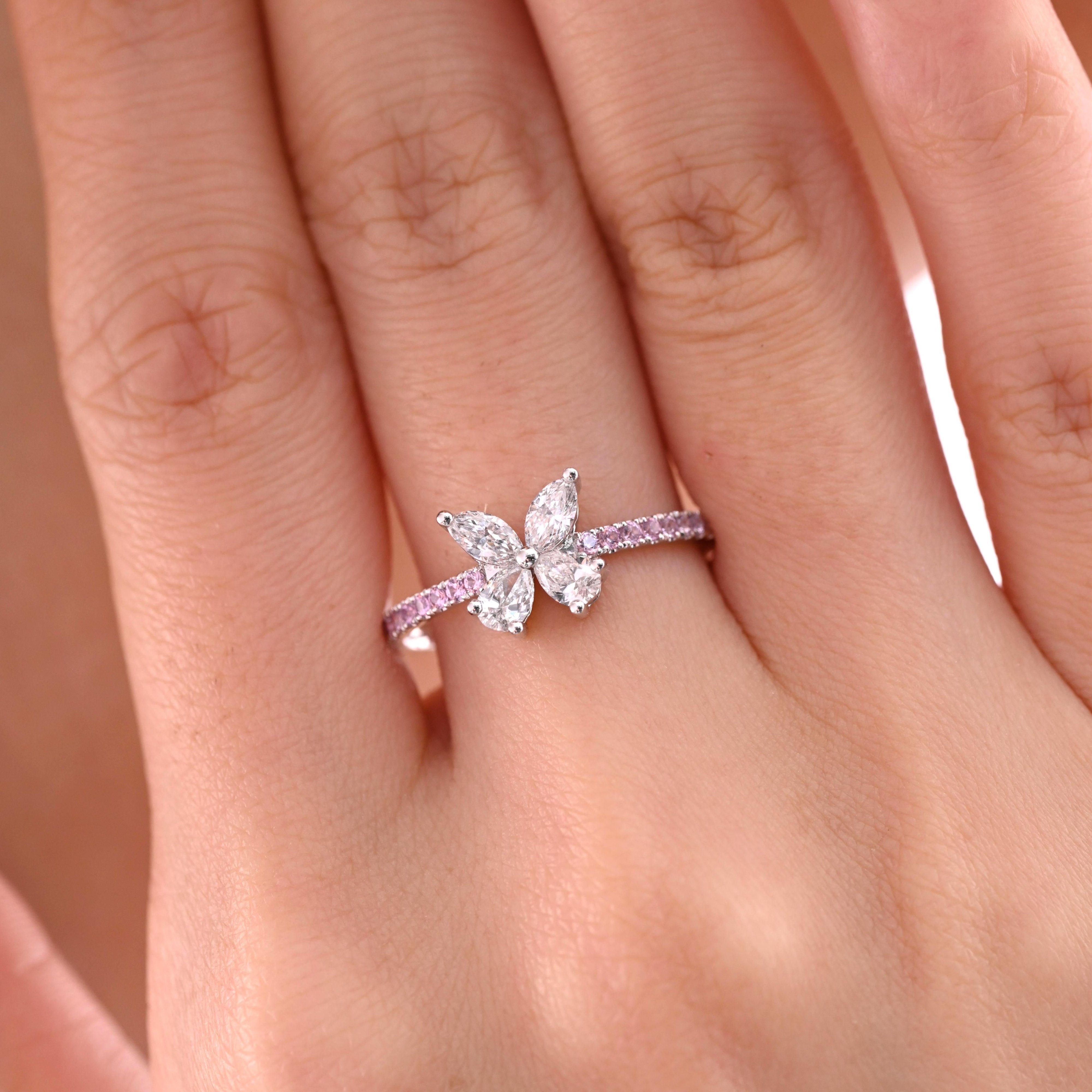 18K White Gold Marquise and Pear Cut Lab Diamond Butterfly Ring with Round Pink Sapphire Pave - MMR