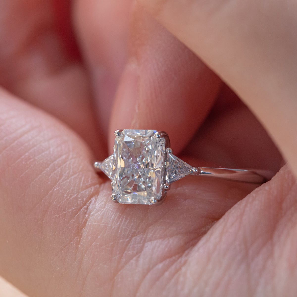 18K White Gold Radiant Cut Lab Diamond Triangular Cut Three Stone Ring (Ring Setting Only)
