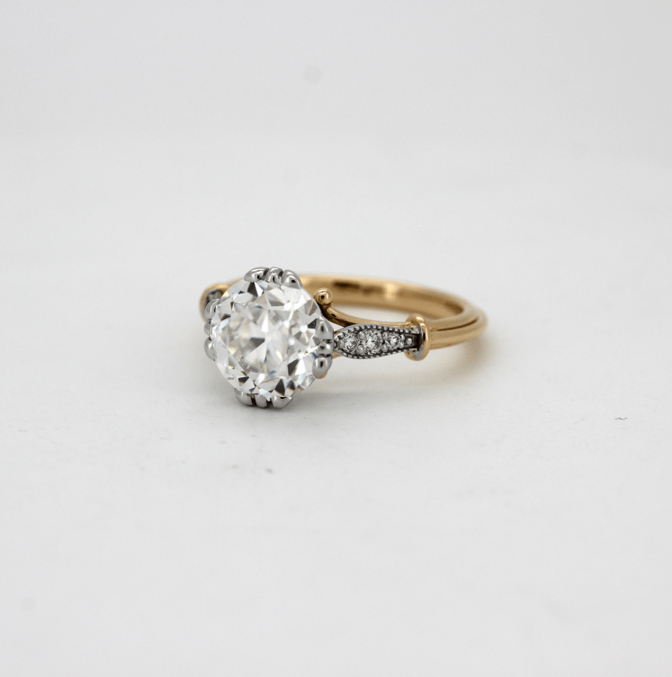 18K White & Yellow Gold 3 Carat Old European Cut Moissanite Flower Prong Vintage Engagement ring