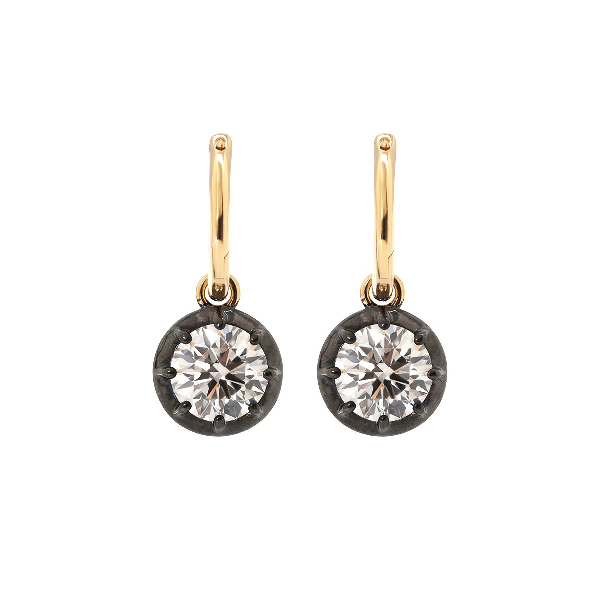 18K Yellow and White Gold with Black Rhodium Plated 2 ct tw Round Cut Diamond Bezel Hoop Earrings - MMR