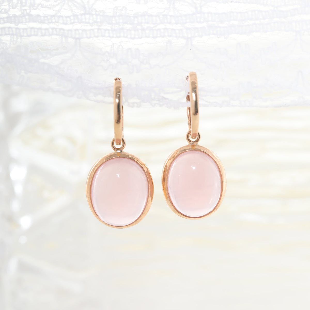 18K Yellow Gold 13 ctw Cabochon Rose Quartz Dangle Earrings - MMR