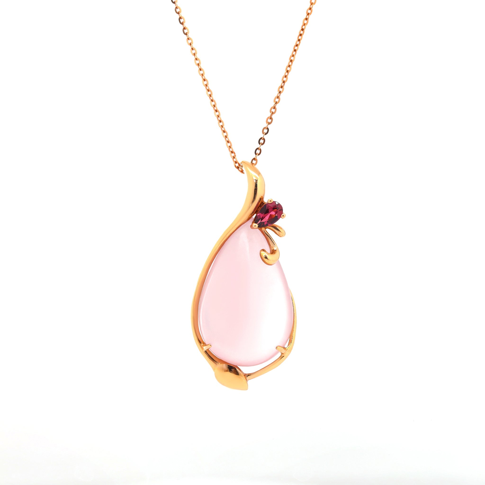 18K Yellow Gold 20.5ct Pear Cabochon Rose Quartz Pendant - MMR