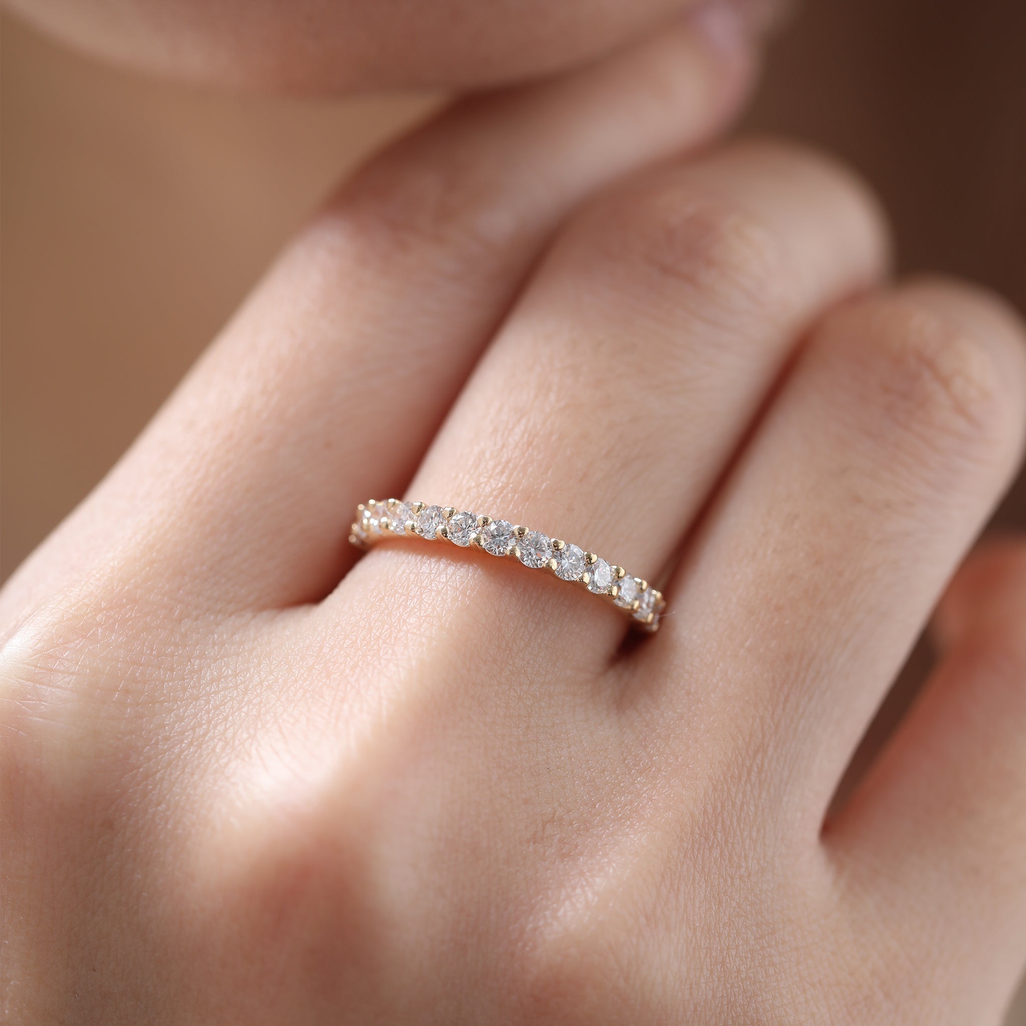 18K Yellow Gold 2.2mm Brilliant Lab Diamond Half Eternity Ring with Heart Shared Prongs - MMR