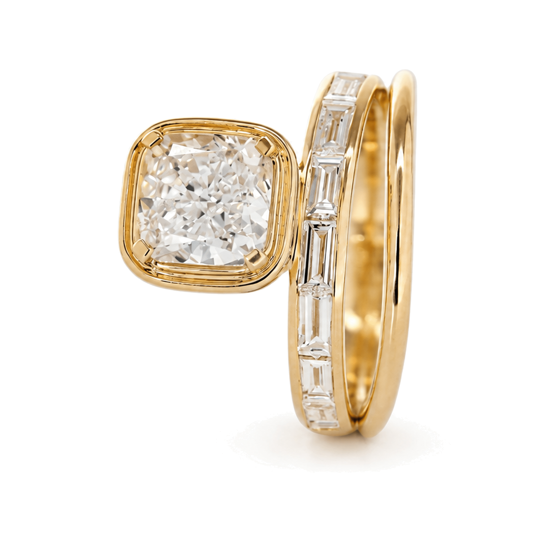 18K Yellow Gold 2.35ct Cushion Lab Diamond Bezel Ring with Baguette Side Stones - MMR