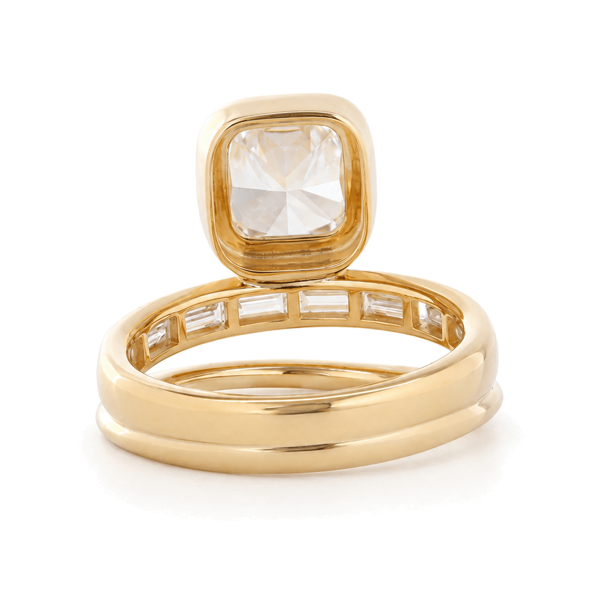 18K Yellow Gold 2.35ct Cushion Lab Diamond Bezel Ring with Baguette Side Stones - MMR