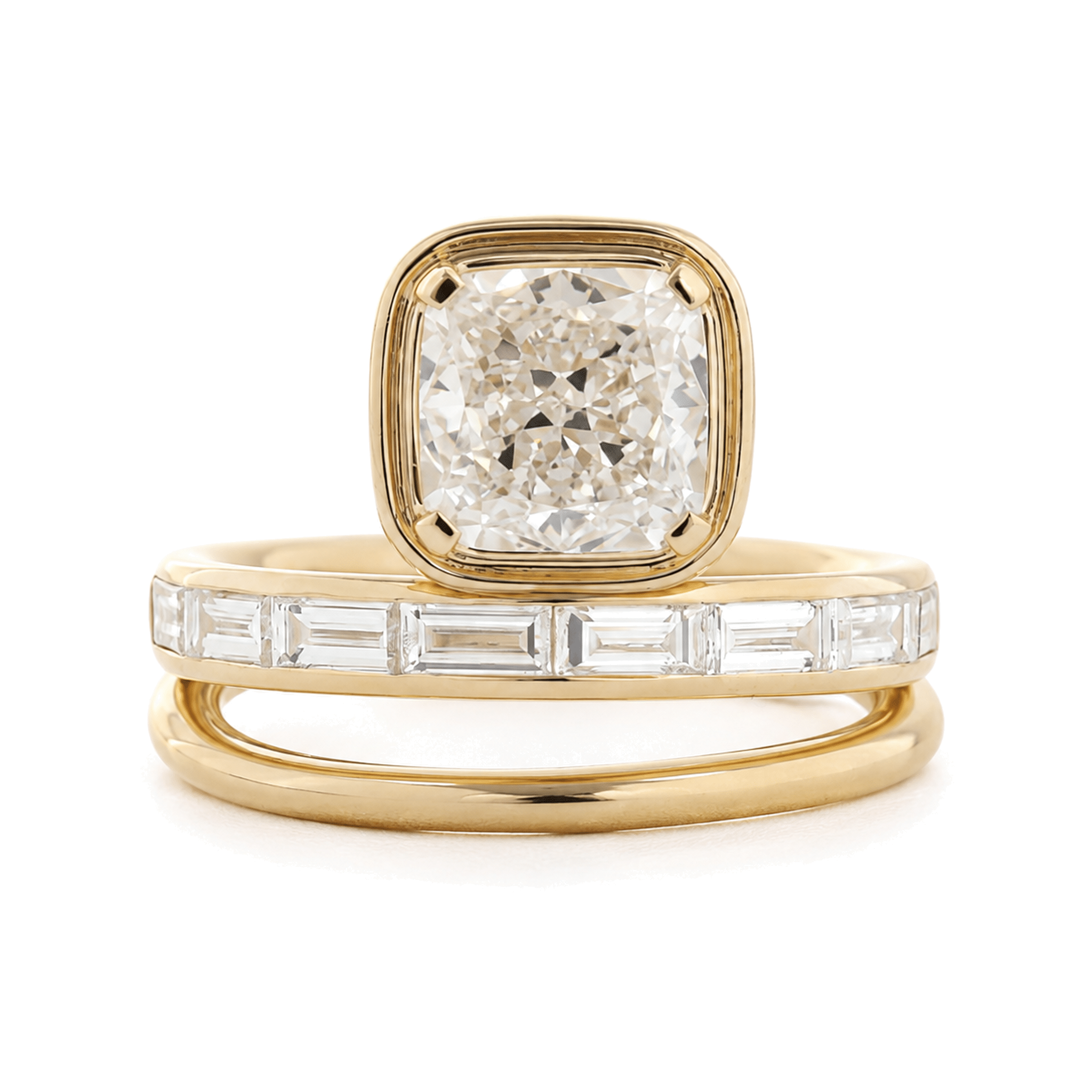 18K Yellow Gold 2.35ct Cushion Lab Diamond Bezel Ring with Baguette Side Stones - MMR