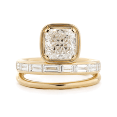 18K Yellow Gold 2.35ct Cushion Lab Diamond Bezel Ring with Baguette Side Stones - MMR