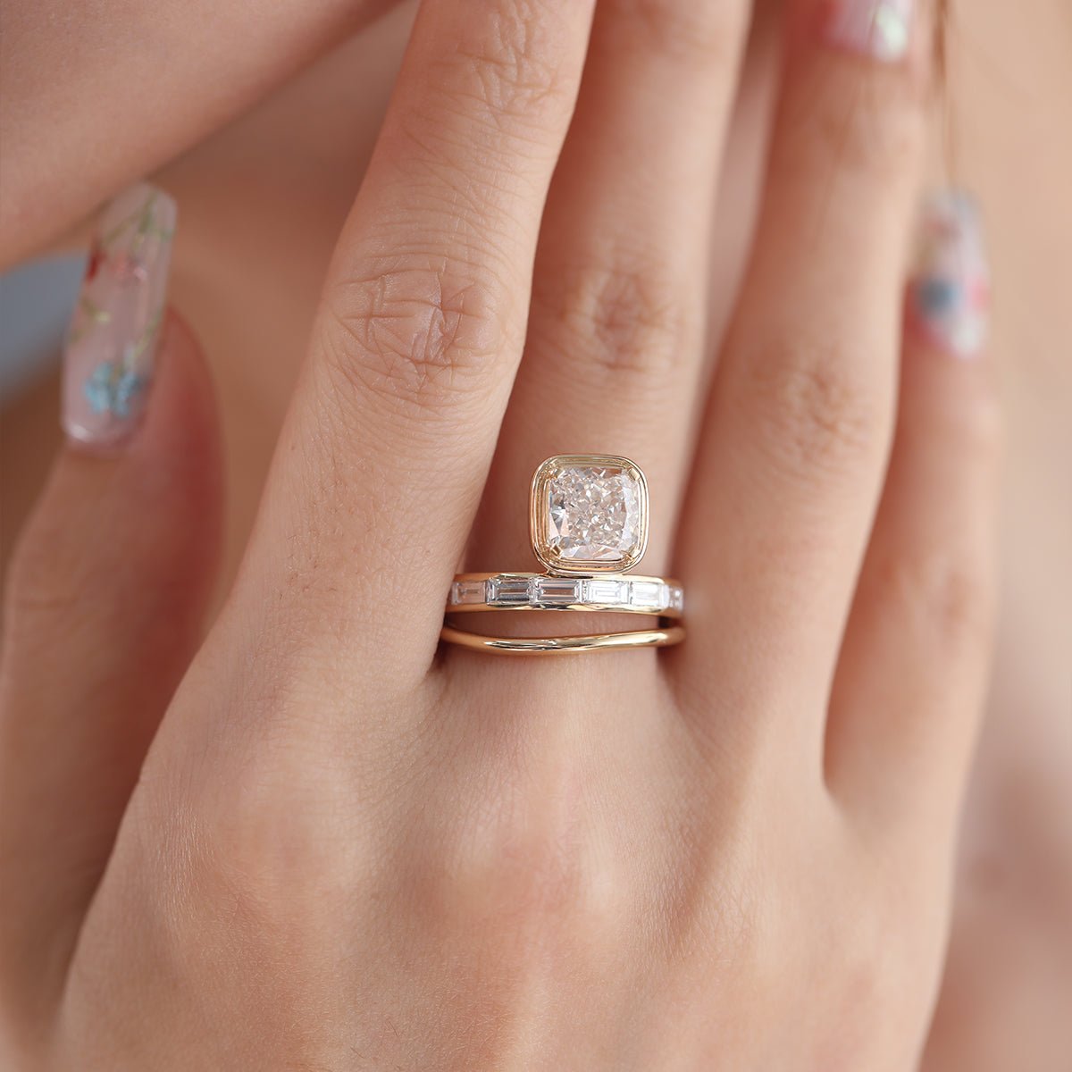18K Yellow Gold 2.35ct Cushion Lab Diamond Bezel Ring with Baguette Side Stones - MMR