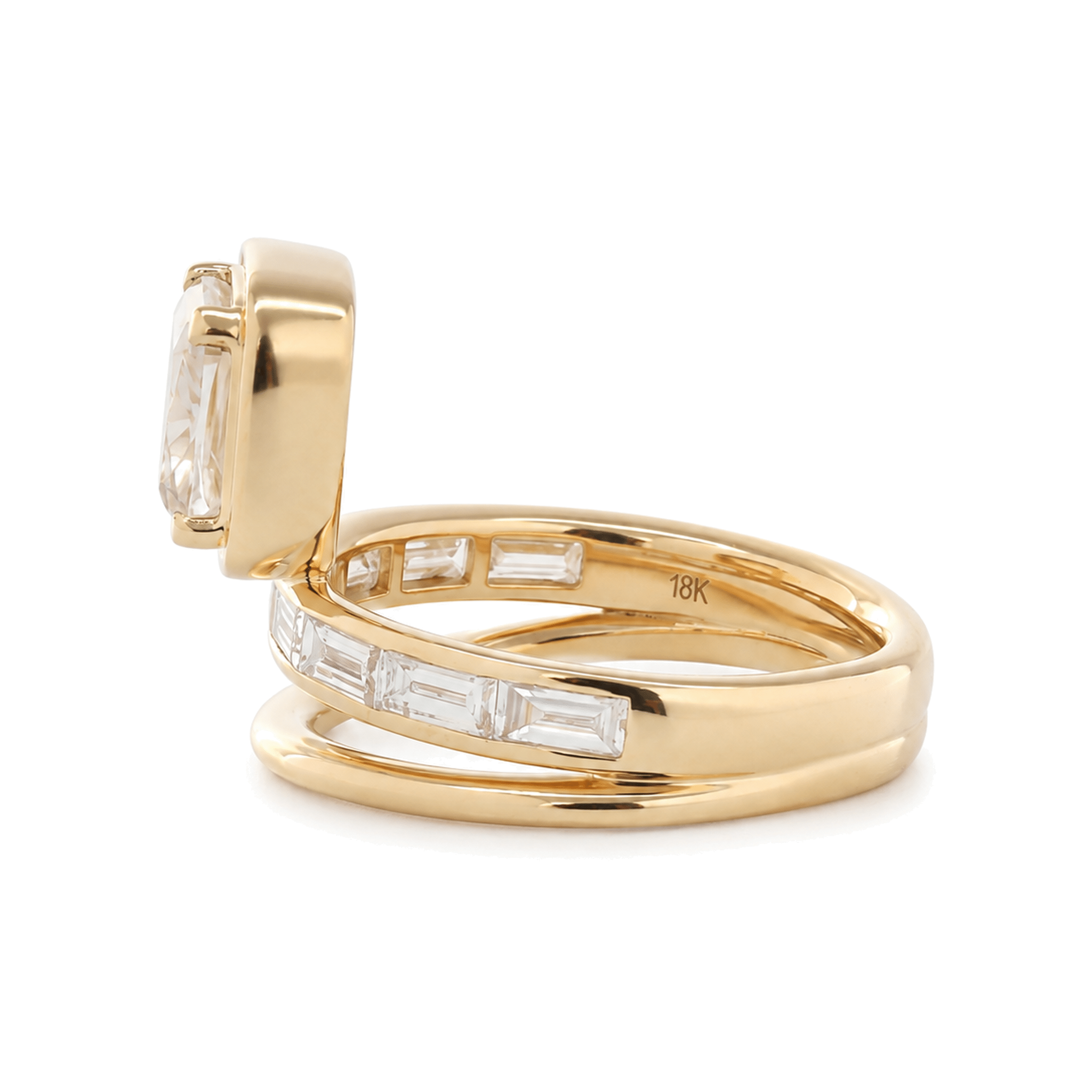 18K Yellow Gold 2.35ct Cushion Lab Diamond Bezel Ring with Baguette Side Stones - MMR