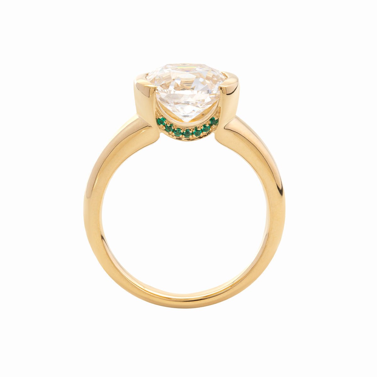 18K Yellow Gold 3.5ct Old Mine Cut Lab Diamond Half Bezel Statement Ring with Hidden Round Lab Emerald Wave Pave - MMR