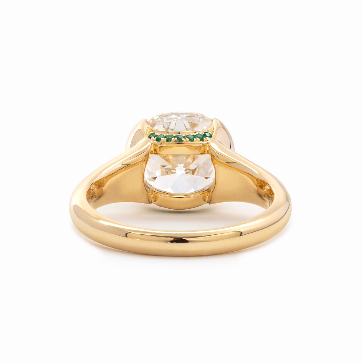 18K Yellow Gold 3.5ct Old Mine Cut Lab Diamond Half Bezel Statement Ring with Hidden Round Lab Emerald Wave Pave - MMR