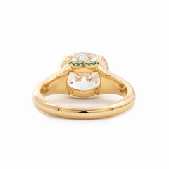 18K Yellow Gold 3.5ct Old Mine Cut Lab Diamond Half Bezel Statement Ring with Hidden Round Lab Emerald Wave Pave - MMR