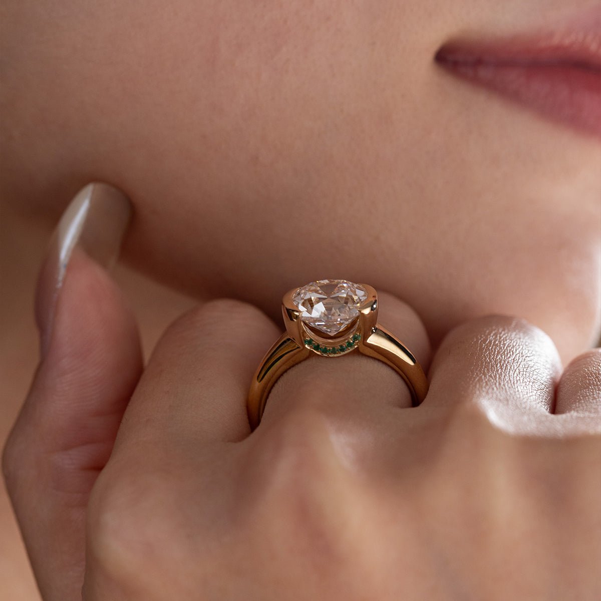 18K Yellow Gold 3.5ct Old Mine Cut Lab Diamond Half Bezel Statement Ring with Hidden Round Lab Emerald Wave Pave - MMR