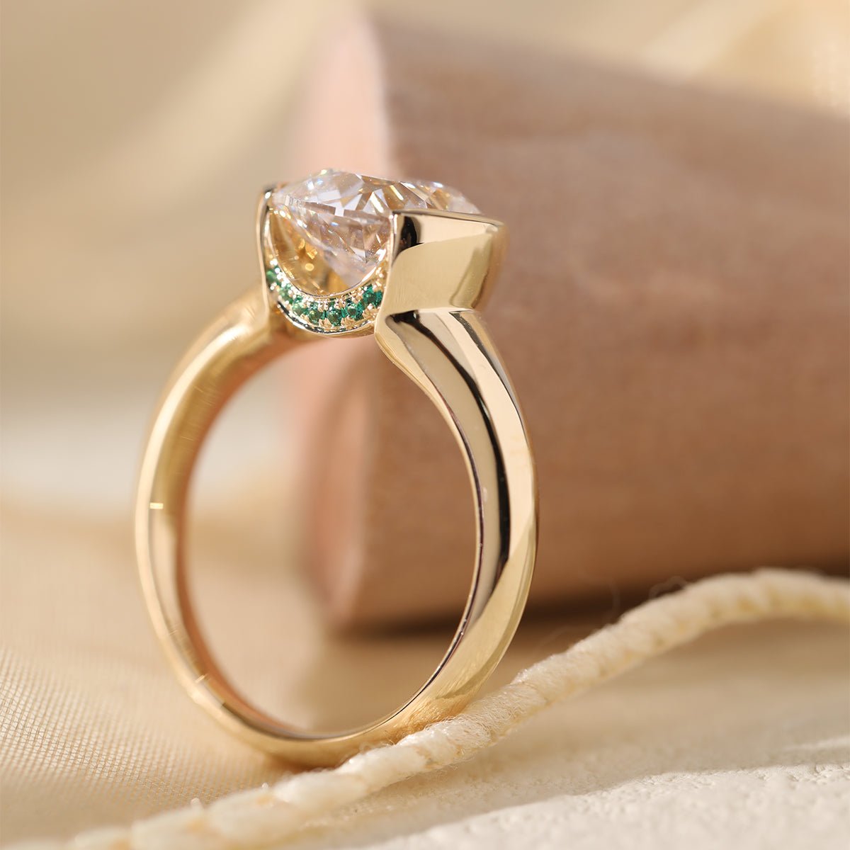 18K Yellow Gold 3.5ct Old Mine Cut Lab Diamond Half Bezel Statement Ring with Hidden Round Lab Emerald Wave Pave - MMR