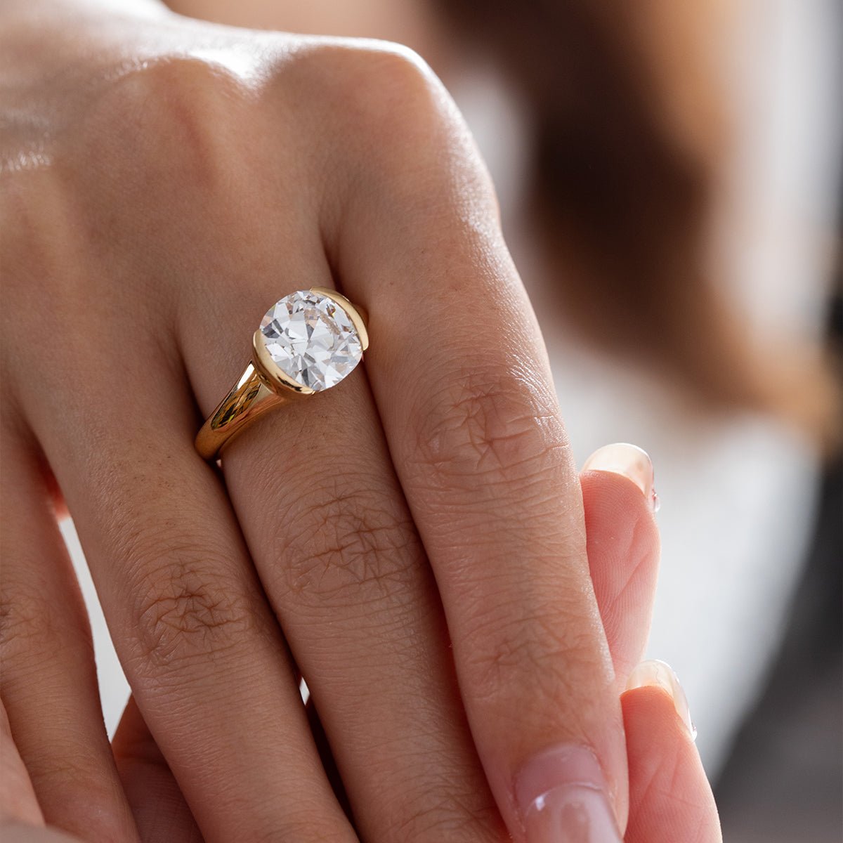 18K Yellow Gold 3.5ct Old Mine Cut Lab Diamond Half Bezel Statement Ring with Hidden Round Lab Emerald Wave Pave - MMR