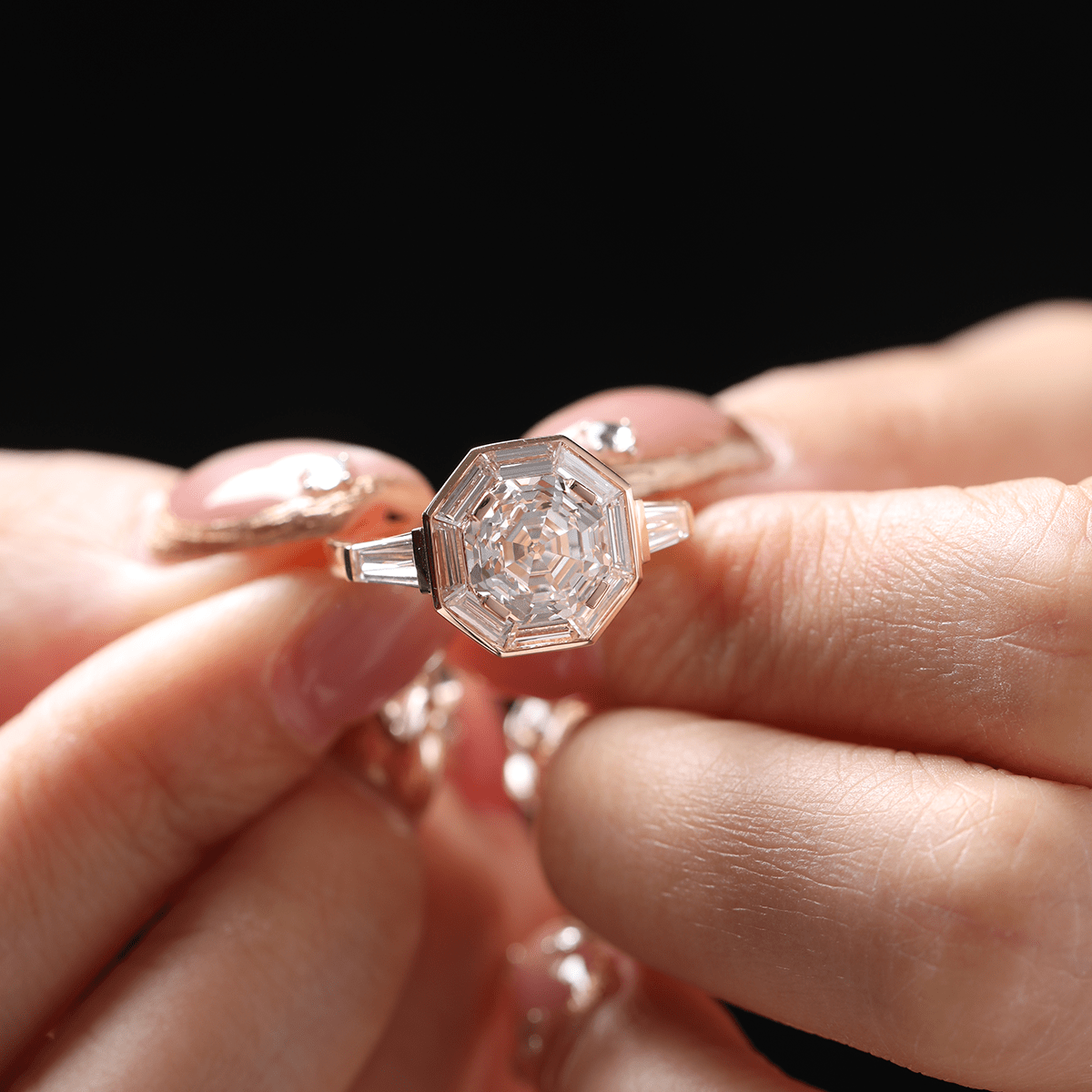 18K Yellow Gold 3ct Antique Bagua - shaped Step Cut Lab Diamond Ring with Tapered Step Cut Lab Diamond Halo and Two Tapered Baguette Cut Side - stone - MMR