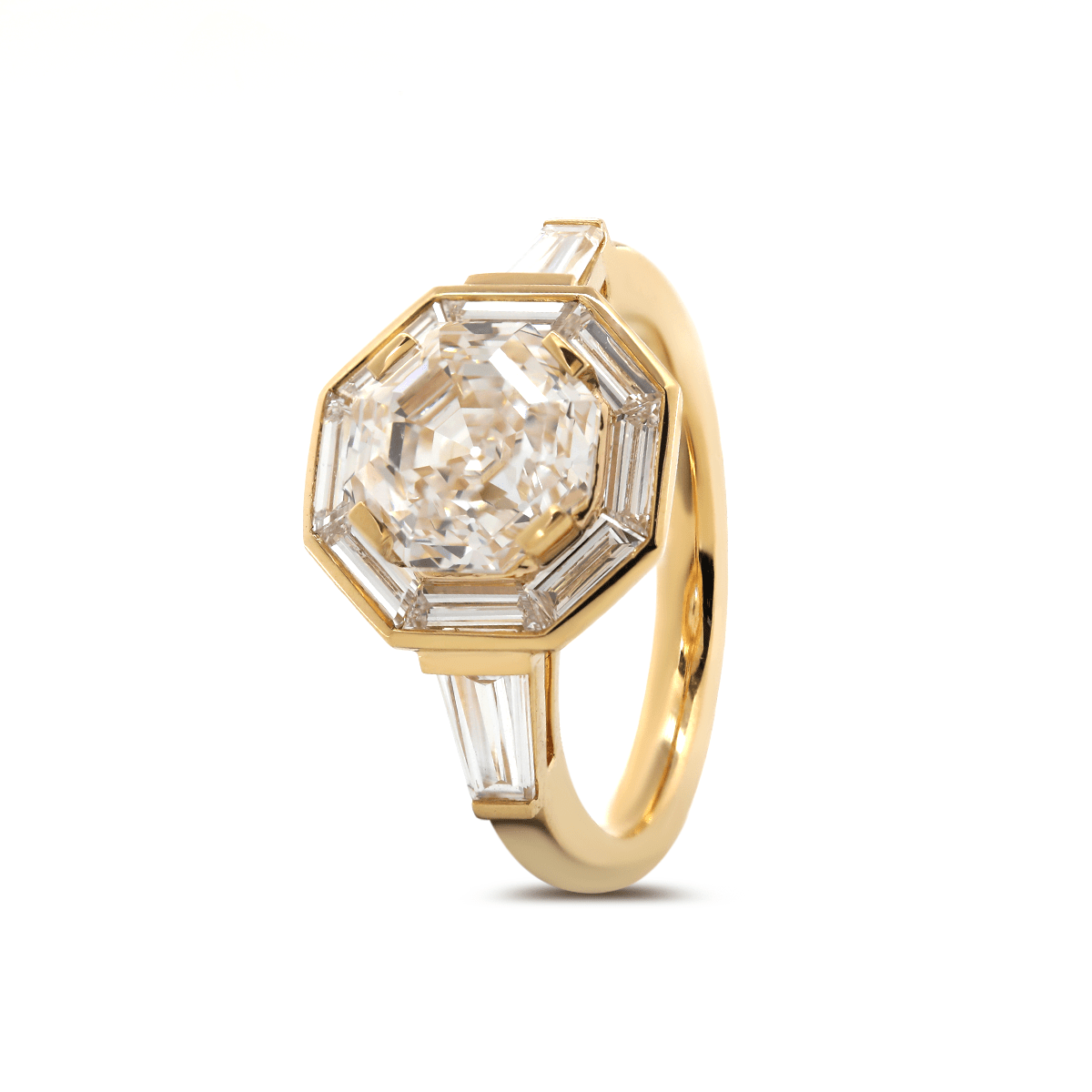 18K Yellow Gold 3ct Antique Bagua - shaped Step Cut Lab Diamond Ring with Tapered Step Cut Lab Diamond Halo and Two Tapered Baguette Cut Side - stone - MMR