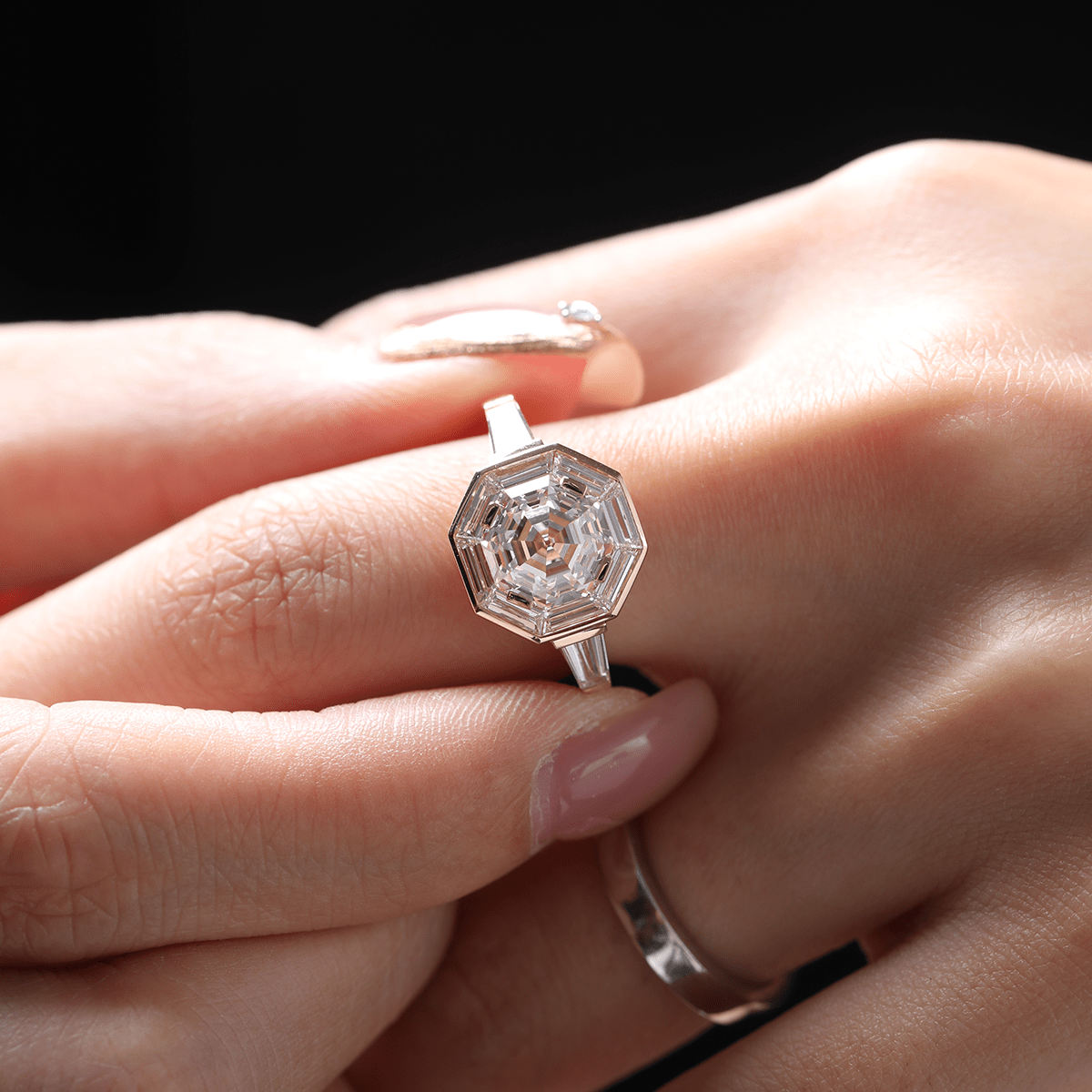 18K Yellow Gold 3ct Antique Bagua - shaped Step Cut Lab Diamond Ring with Tapered Step Cut Lab Diamond Halo and Two Tapered Baguette Cut Side - stone - MMR