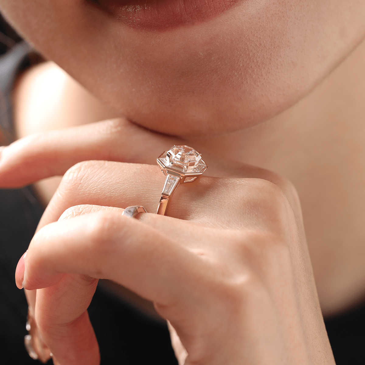 18K Yellow Gold 3ct Antique Bagua - shaped Step Cut Lab Diamond Ring with Tapered Step Cut Lab Diamond Halo and Two Tapered Baguette Cut Side - stone - MMR