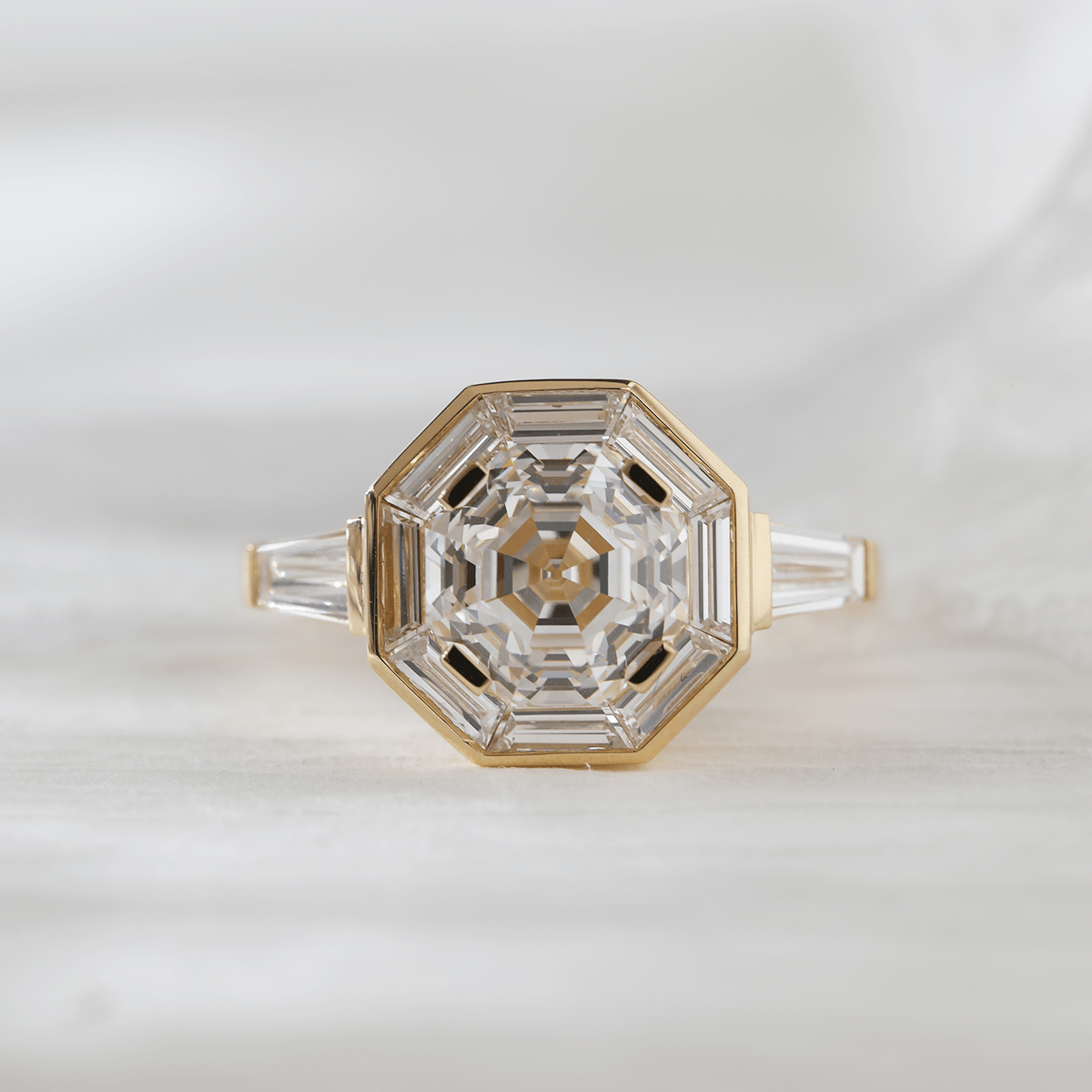 18K Yellow Gold 3ct Antique Bagua - shaped Step Cut Lab Diamond Ring with Tapered Step Cut Lab Diamond Halo and Two Tapered Baguette Cut Side - stone - MMR