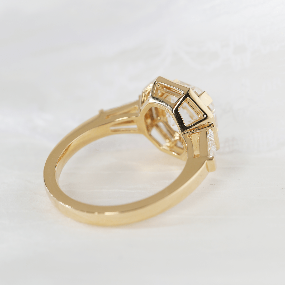 18K Yellow Gold 3ct Antique Bagua - shaped Step Cut Lab Diamond Ring with Tapered Step Cut Lab Diamond Halo and Two Tapered Baguette Cut Side - stone - MMR