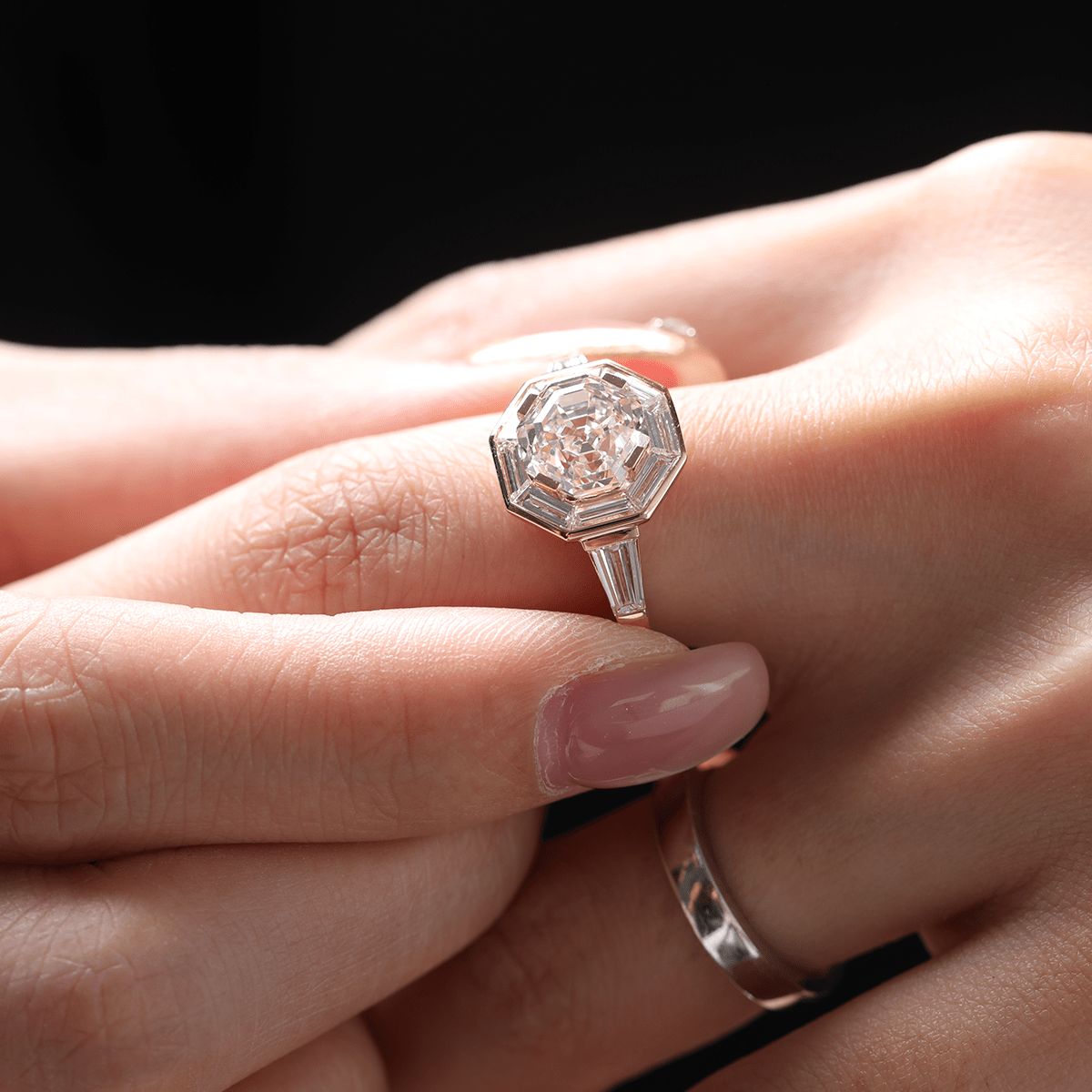 18K Yellow Gold 3ct Antique Bagua - shaped Step Cut Lab Diamond Ring with Tapered Step Cut Lab Diamond Halo and Two Tapered Baguette Cut Side - stone - MMR