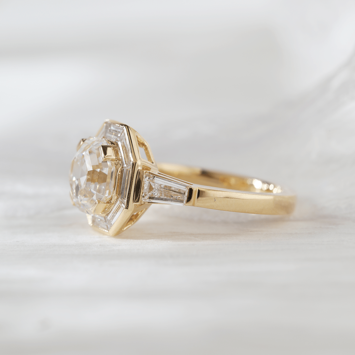 18K Yellow Gold 3ct Antique Bagua - shaped Step Cut Lab Diamond Ring with Tapered Step Cut Lab Diamond Halo and Two Tapered Baguette Cut Side - stone - MMR