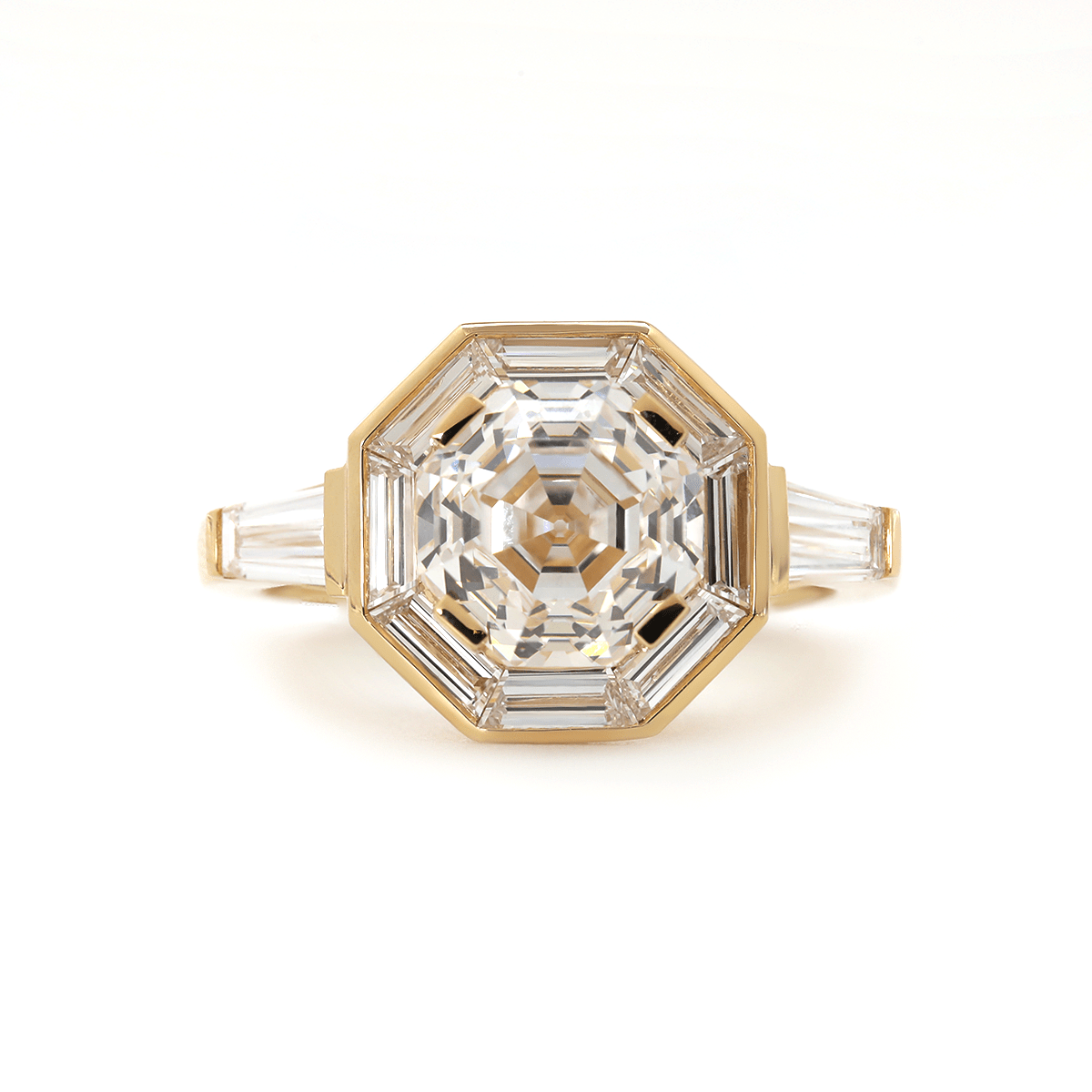 18K Yellow Gold 3ct Antique Bagua - shaped Step Cut Lab Diamond Ring with Tapered Step Cut Lab Diamond Halo and Two Tapered Baguette Cut Side - stone - MMR