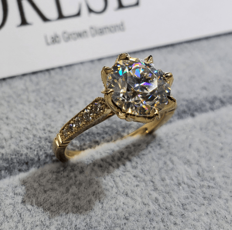 18k Yellow Gold 3ct Old European Cut Lab Diamond 8 Prongs Vintage Side-stone Wedding Ring