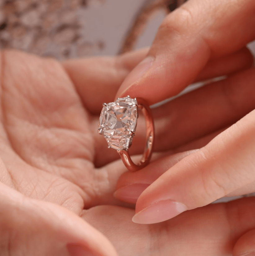 18K Yellow Gold & Platinum 4.68ct Old Mine Cut LAb Diamond & Step cut Eldorado Three-stone Engagement Ring
