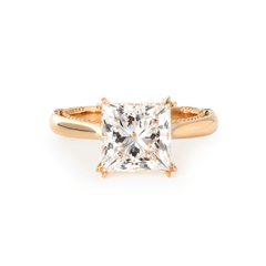 18K Yellow Gold 4ct Princess Cut Lab Diamond Double Claw Prongs Vintage Millegrain Ring – Art Nouveau Nature - Inspired Design - MMR