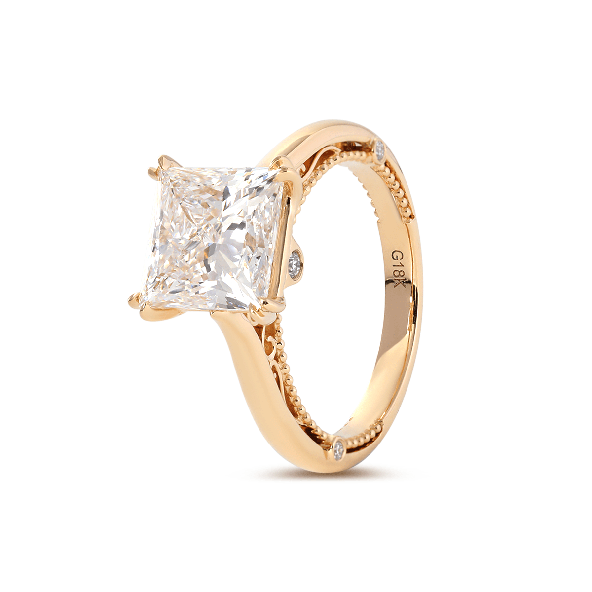 18K Yellow Gold 4ct Princess Cut Lab Diamond Double Claw Prongs Vintage Millegrain Ring – Art Nouveau Nature - Inspired Design - MMR