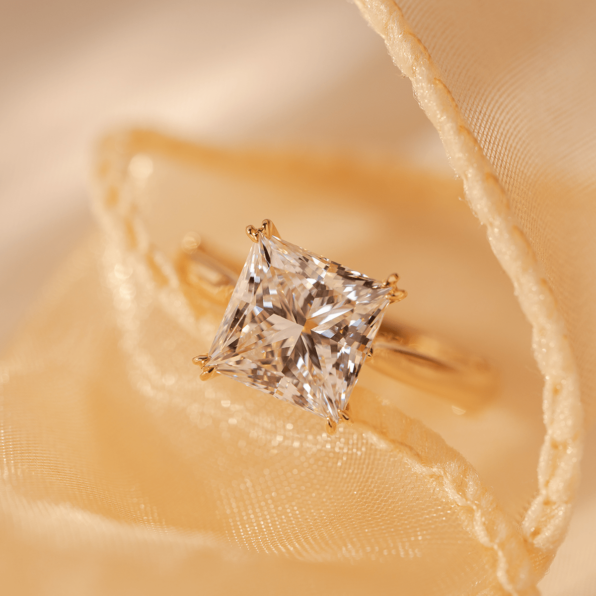 18K Yellow Gold 4ct Princess Cut Lab Diamond Double Claw Prongs Vintage Millegrain Ring – Art Nouveau Nature - Inspired Design - MMR