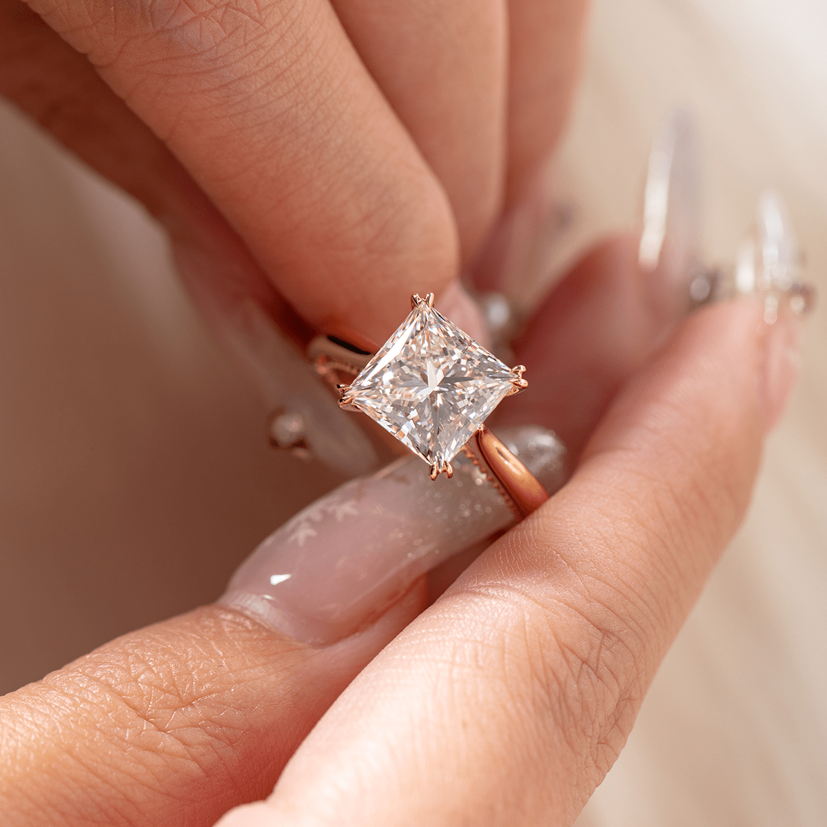 18K Yellow Gold 4ct Princess Cut Lab Diamond Double Claw Prongs Vintage Millegrain Ring – Art Nouveau Nature - Inspired Design - MMR