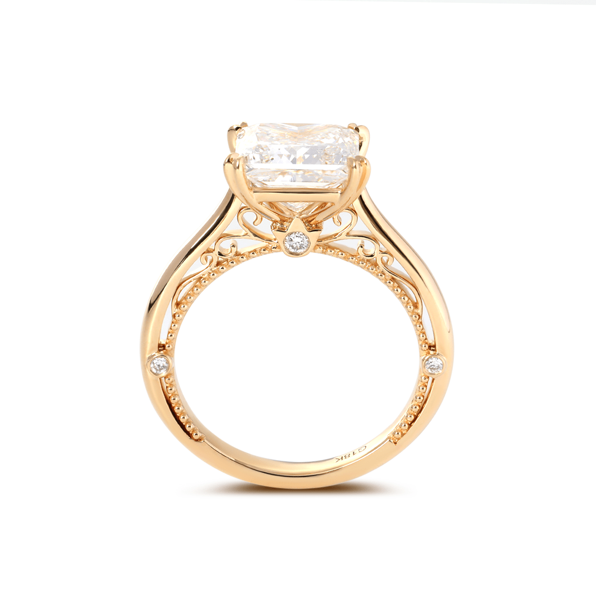 18K Yellow Gold 4ct Princess Cut Lab Diamond Double Claw Prongs Vintage Millegrain Ring – Art Nouveau Nature - Inspired Design - MMR