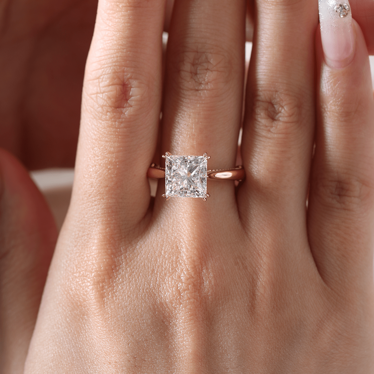 18K Yellow Gold 4ct Princess Cut Lab Diamond Double Claw Prongs Vintage Millegrain Ring – Art Nouveau Nature - Inspired Design - MMR