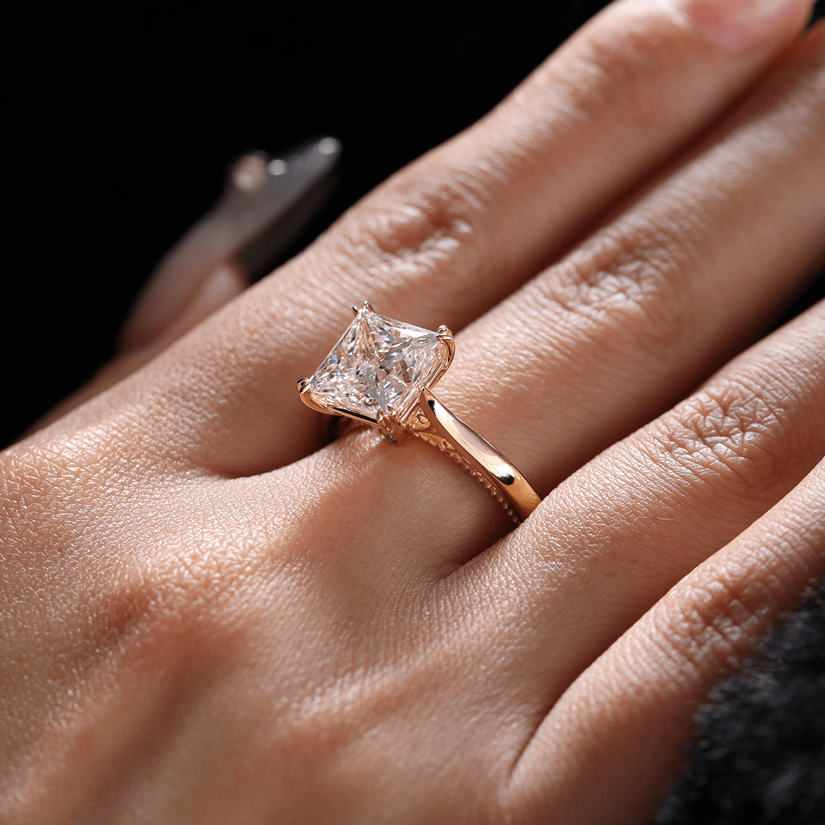 18K Yellow Gold 4ct Princess Cut Lab Diamond Double Claw Prongs Vintage Millegrain Ring – Art Nouveau Nature - Inspired Design - MMR