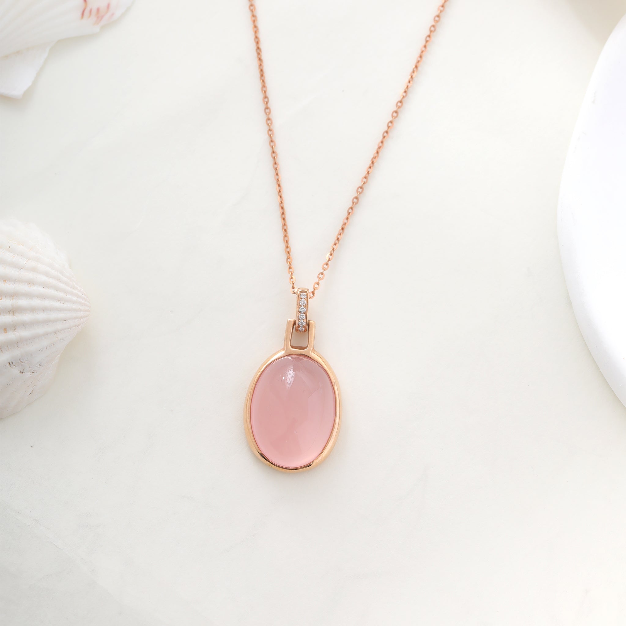 18K Yellow Gold 9.5ct Cabochon Rose Quartz Pendant - MMR