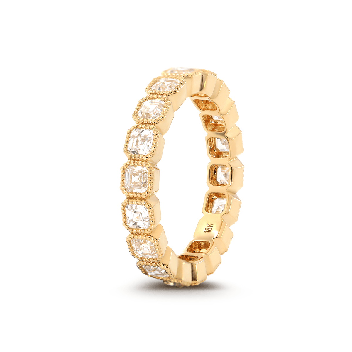 18K Yellow Gold Asscher Cut Lab Diamond Millegrain Bezel Eternity Ring - MMR