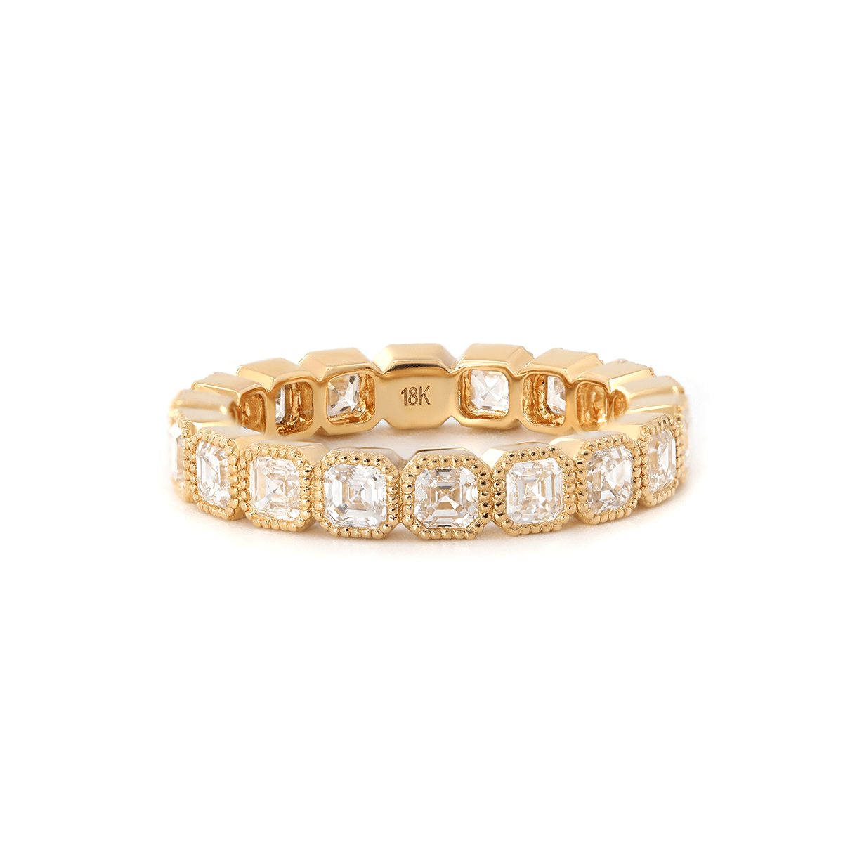 18K Yellow Gold Asscher Cut Lab Diamond Millegrain Bezel Eternity Ring - MMR