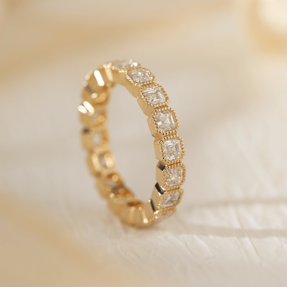 18K Yellow Gold Asscher Cut Lab Diamond Millegrain Bezel Eternity Ring - MMR